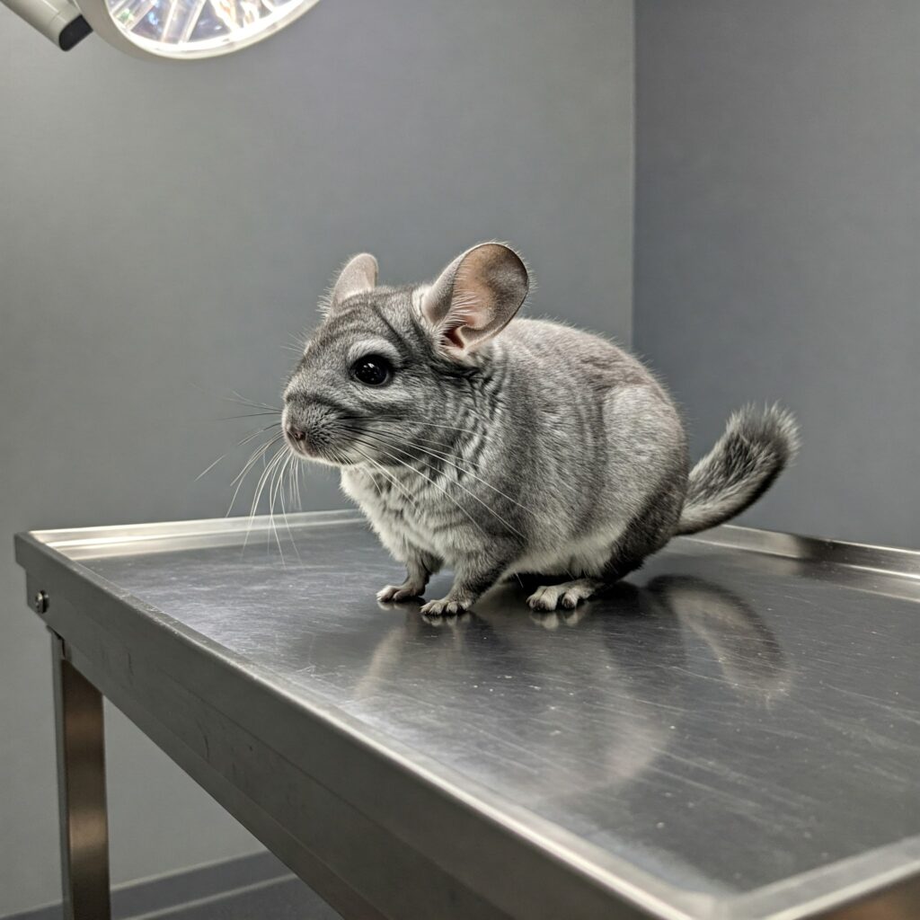 動物病院の診察台のチンチラ