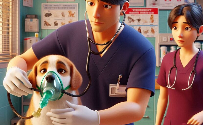 酸素マスクを充てる獣医師