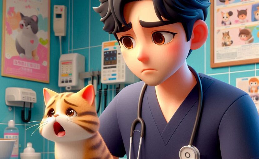 困った顔の猫と獣医師