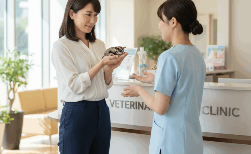 待合受付でフクロモモンガを出している飼い主