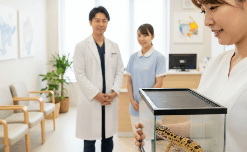 ヒョウモントカゲモドキの診療を終えて安心する飼主